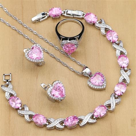 Sexy Silver 925 Jewelry Pink Cubic Zirconia Costume Jewelry Sets For Women Earrings With Stones