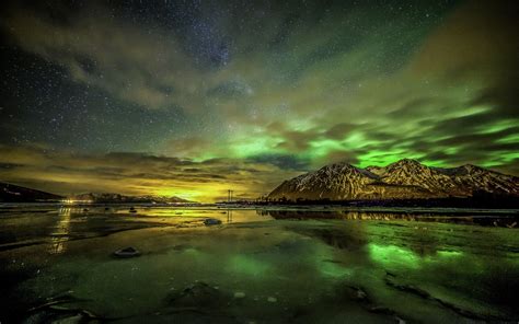Nature Landscape Aurorae Starry Night Mountains Sky Clouds