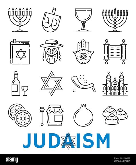 Símbolos Del Judaísmo De Los Iconos De Arte De Línea Fina De La Religión Judía Vector Conjunto
