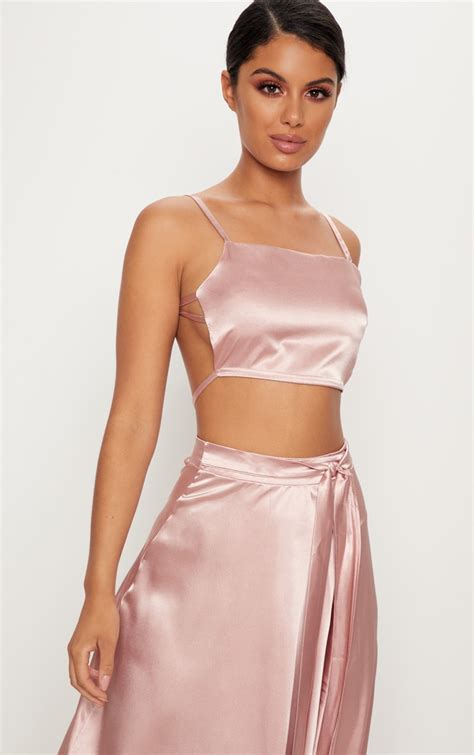 Rose Gold Satin Backless Crop Top Tops Prettylittlething Usa