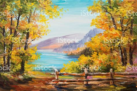 Oil Painting Landscape Colorful Autumn Forest Mountain Lake