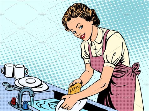 Woman Washing Dishes Housewife House Pre Designed Illustrator