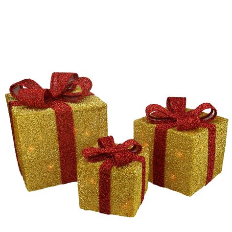 Set Of 3 Gold And Red T Boxes With Bows Lighted Christmas Outdoor