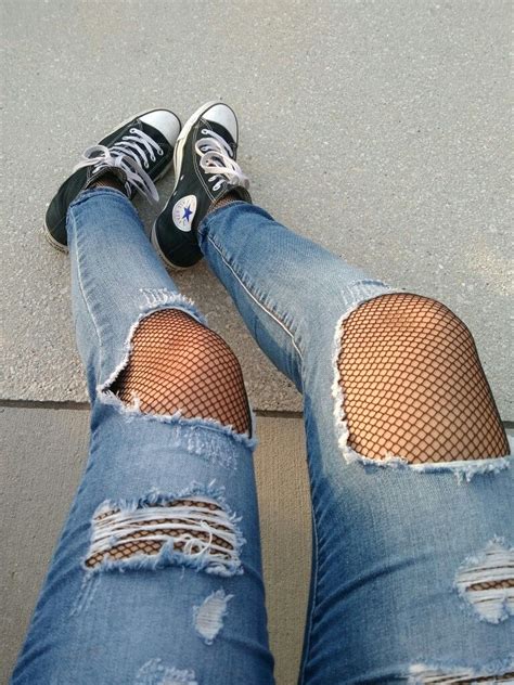 Tumblr Outfit Grunge Tights Under Jeans Tights And Sneakers Tumblr