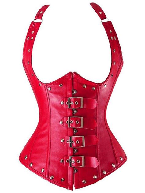 Cupless Buckle Rivet Leather Corset Red Xl In Corset And Bustiers