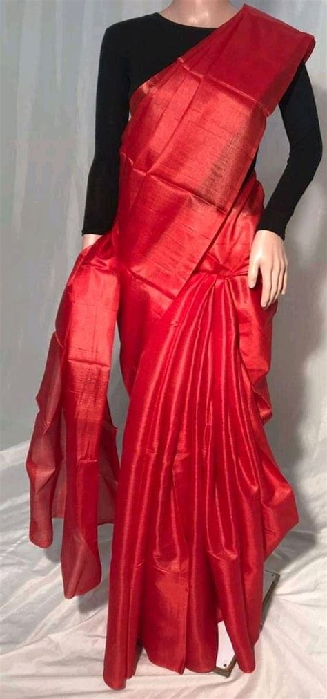 Red Plain Pure Tussar Silk Saree Loomfolks