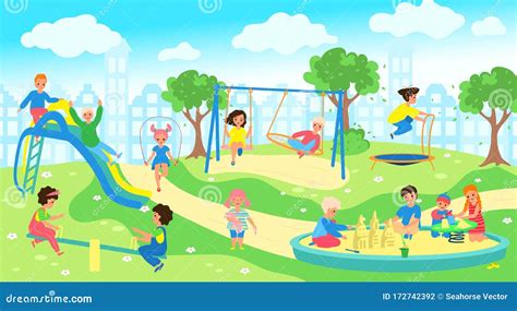 Kids Children Playing In The Playground Vector Illustration