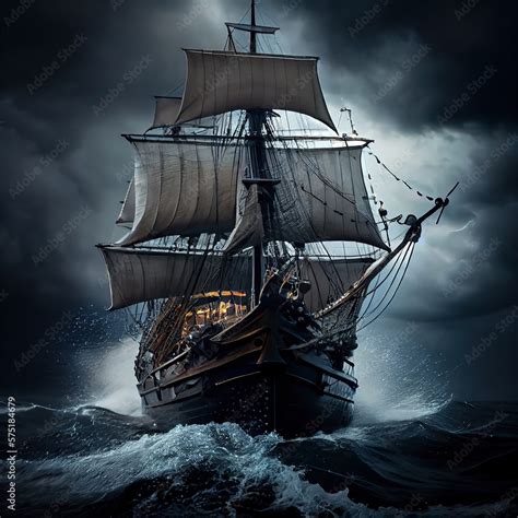 A Pirate Ship On The High Seas During A Storm An Old Ancient Pirate