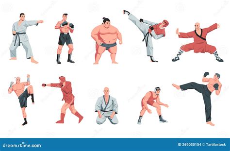 Martial Arts Fighters Cartoon Warrior Characters Sparring And Training