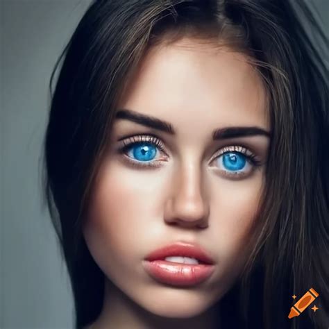 Portrait Of A Beautiful Woman With Tan Skin And Blue Eyes