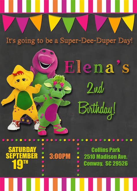 Chalkboard Barney Birthday Party Invitations Barney Birthday Party Spa