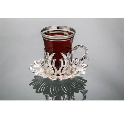 Ahsen Silver Color Turkish Tea Cups And Saucers Set Tulip Design