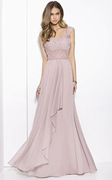 a line ruched floor length queen anne chiffon prom dress with draping and waist jewellery