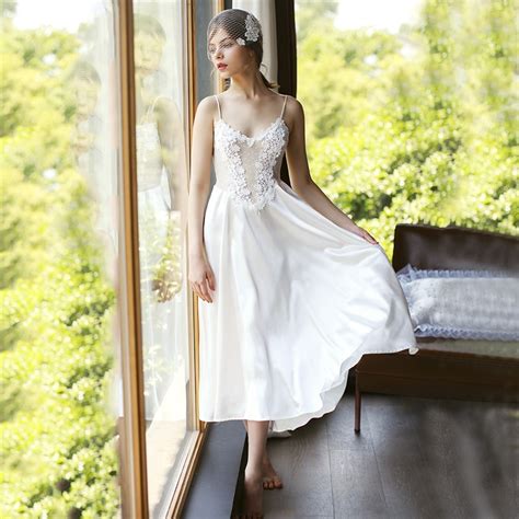 sexy women lace silk satin lingerie wedding night dress white deep v neck sleeveless embroidery