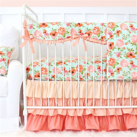 Mint And Coral Vintage Floral Ruffle Baby Bedding Bumperless Crib