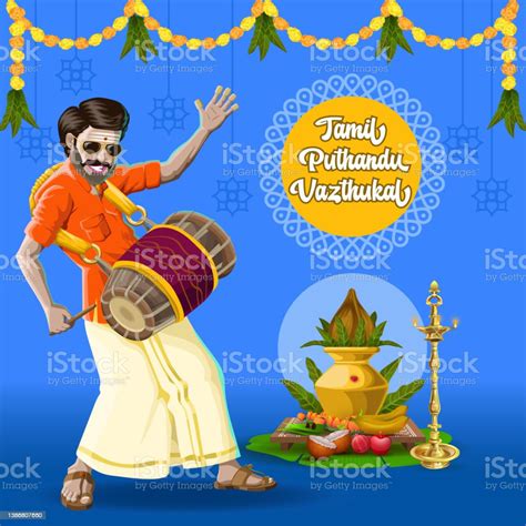 Tamil New Year Greetings With A Traditional Happy Drum Player Stock