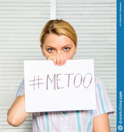 movement against sexual harassment woman sad face hold poster hashtag me too victim of sexual