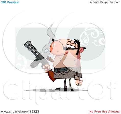 clipart illustration of a cigar smoking mobster guy holding a tommy gun and waiting for someone