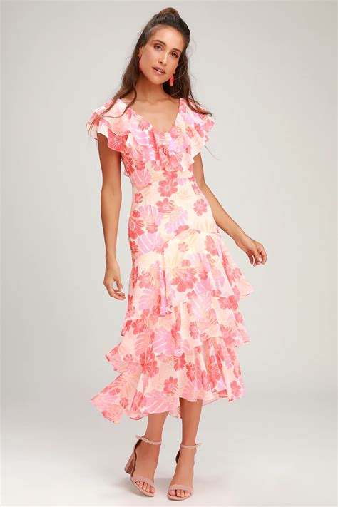 Alison Pink Multi Floral Print Ruffled Midi Dress Midi Ruffle Dress
