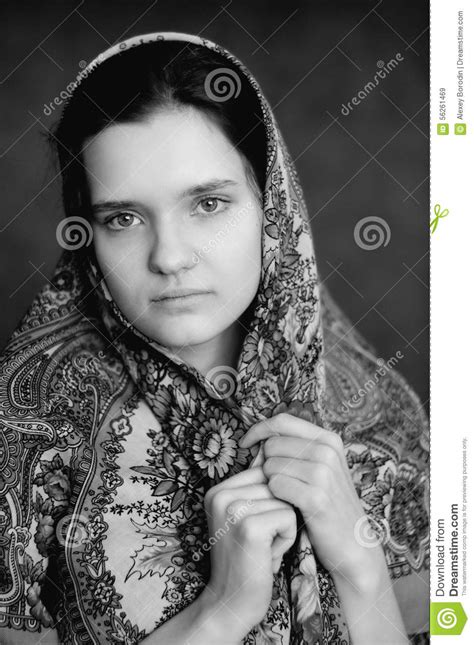 russian brunette girl in pavlo posad russian shawl staring black stock image image of elegant