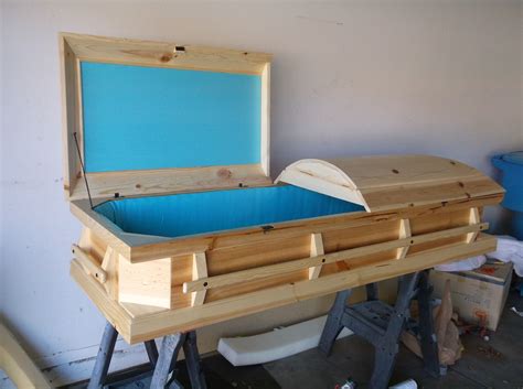 Pine Wood Casket In A Clear Finish With Turquoise Interior Wood