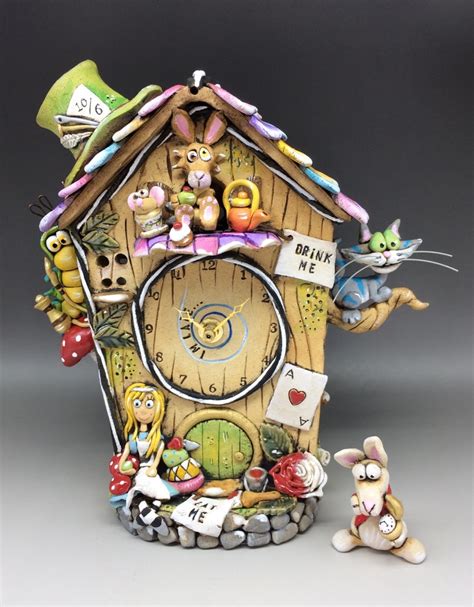 Alice In Wonderland Clock With Swinging Pendulum Ceramic Pottery Wall