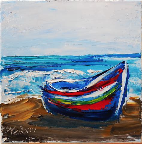 Original Handmade Oil Painting On Canvas Seascape With Fishing Boat