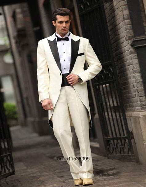 Handsome Tailcoat Ivory Long Coat Groom Tuxedos Groomsman Men S Wedding