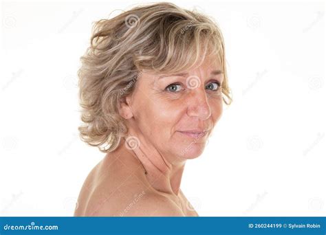 nude portrait of beautiful mature woman senior over white background closeup stock image image