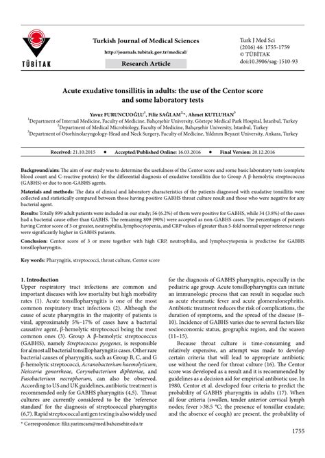 Pdf Acute Exudative Tonsillitis In Adults The Use Of The Centor