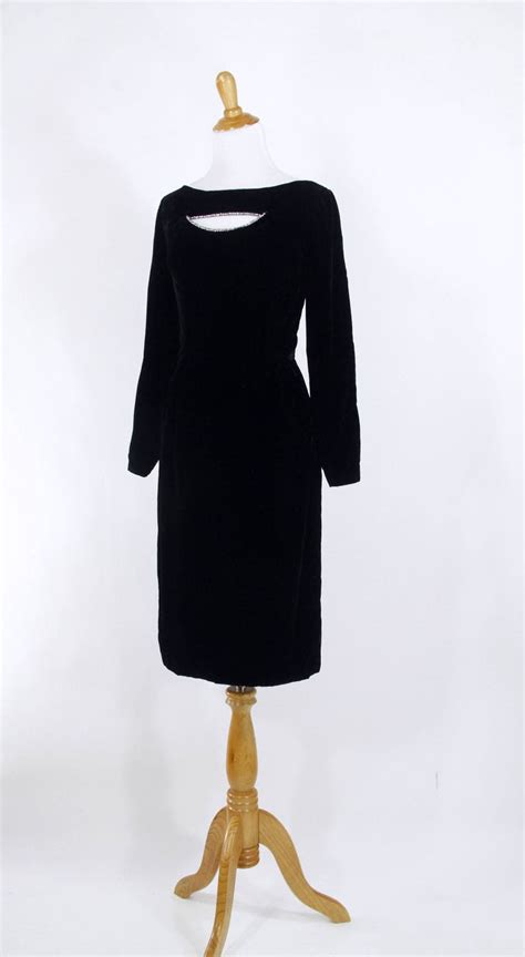 Vintage 1950s Dress 50s 60s Rhinestone Cutout Black Velvet Wiggle Dress