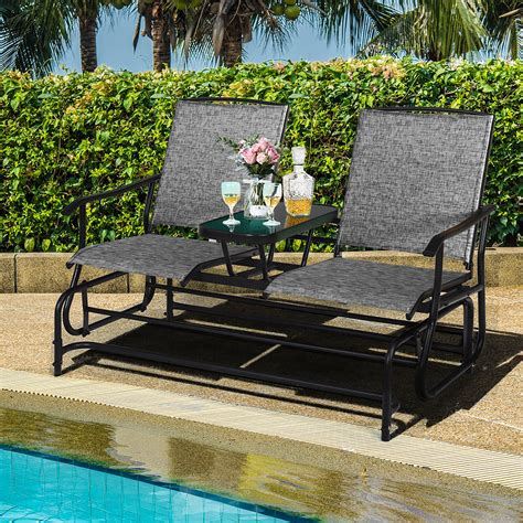 Costway 2 Person Outdoor Patio Double Glider Chair Loveseat Rocking W Center Table Gray