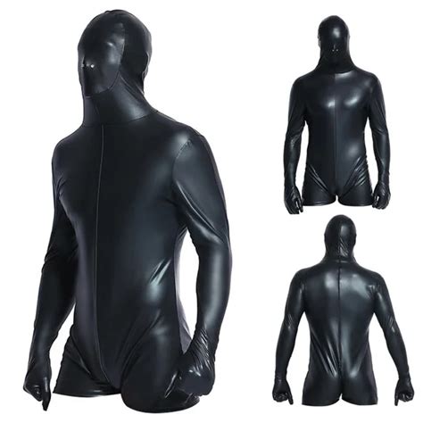 Super Cool Sexy Men Black Patent Leather Jumpsuit Vinyl Latex Bondage