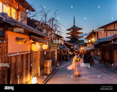 Woman In Kimono In A Lane Yasaka Dori Historical Alleyway In The Old