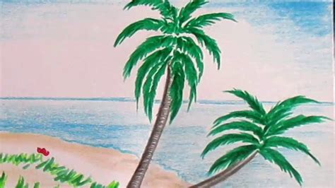 How To Draw Beach Scene And Palm Trees Scenery Drawing