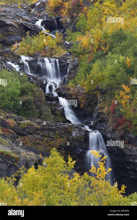 Autumn Colours In Abisko National Park Ridonjira Waterfall Lappland