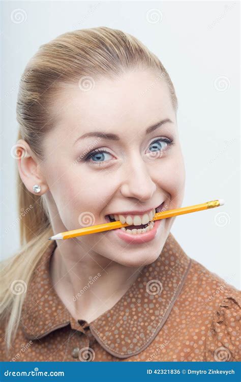 Excited Attractive Woman Biting Pencil Stock Photo Image Of Chew