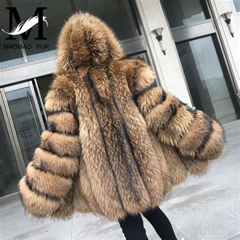 New Raccoon Fur Coat Women Winter Jacket Genuine Raccoon Dog Fur Hooded