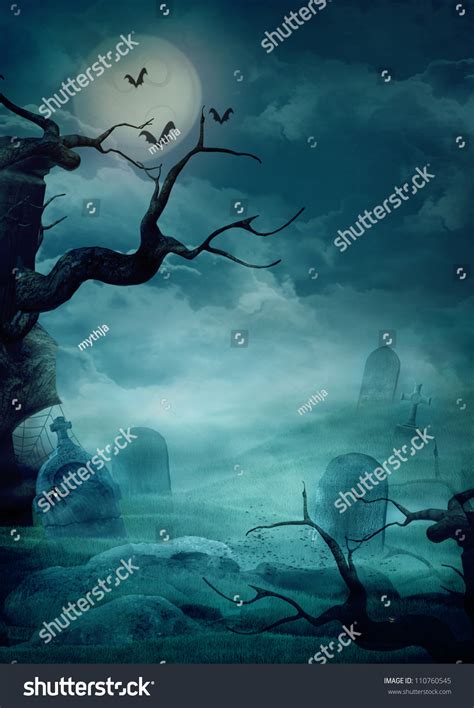 Halloween Design Background With Spooky Graveyard Naked Trees Graves And Bats And Copyspace