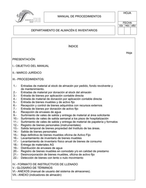 Manual De Procedimientos Departamento De Almac N