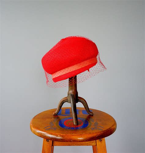 vintage red straw pillbox hat 1950s 60s hat vintage hat etsy