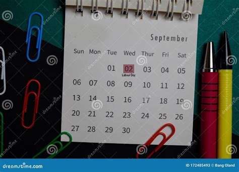 Top View September Monthly Calendar And Marked 2nd Labor Day Isolated