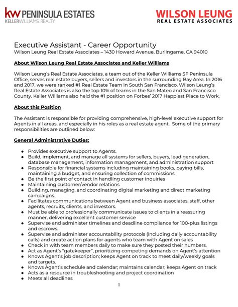 Senior executive assistant reporting to: Executive Assistant Job Description by Wilson Leung - Issuu