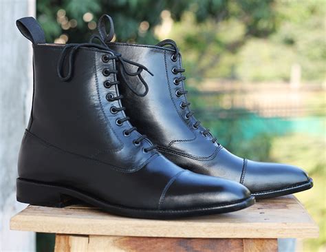 New Handmade Mens Ankle High Cap Toe Leather Dress Boots Black
