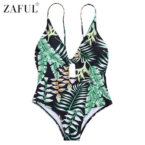 Zaful 2017 New Sexy Plunge Leaf Print One Piece Swimwear Bathing Suit Bandage Swimsuit Monokini