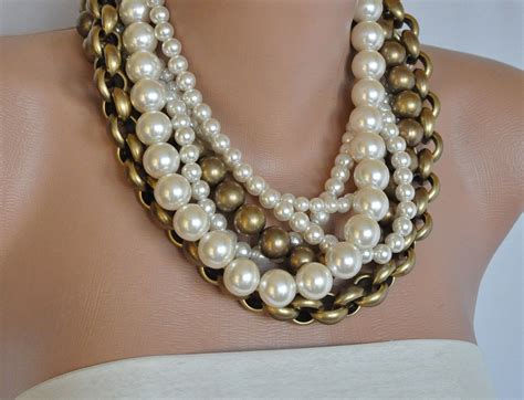 Bridal Jewelry Multi Strand Pearl Necklace Vintage Inspired Chunky Layered Pearl Necklace