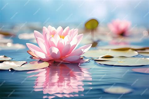 Premium Ai Image Pink Lotus Flower On Floating Lily Pads