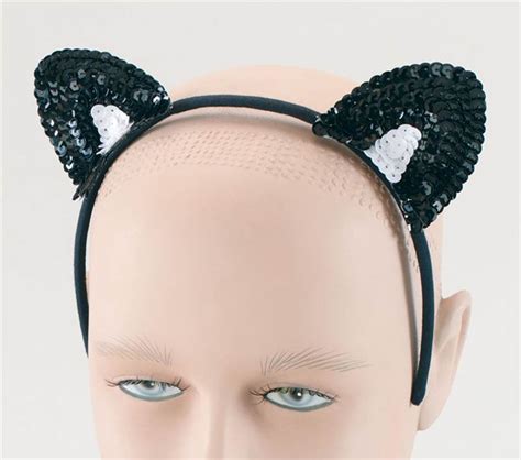 Cat Ears Black Sequin On Headband Fancy Dress Accessory Halloween