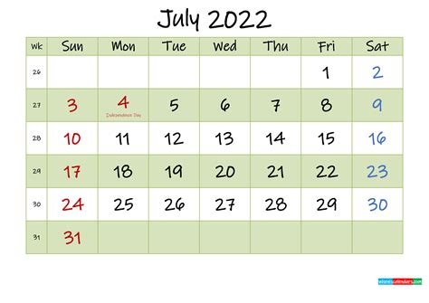 Calendar Holidays July Month Calendar Printable