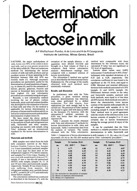 Pdf Determination Of Lactose In Milk
